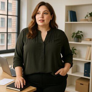 Simply Vera Vera Wang Dark Olive Pleated Split-Neck Blouse Size XXL